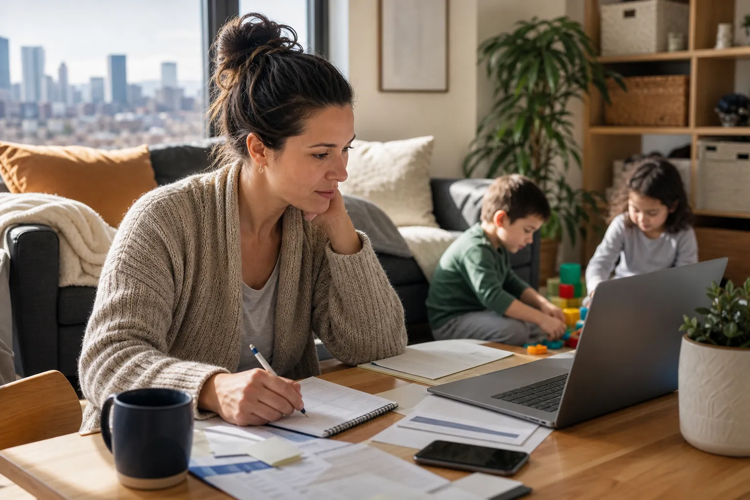 Mother Planning at a Table While Children Play A woman writes in a notebook beside a laptop and paperwork while two children play with colorful blocks behind her.