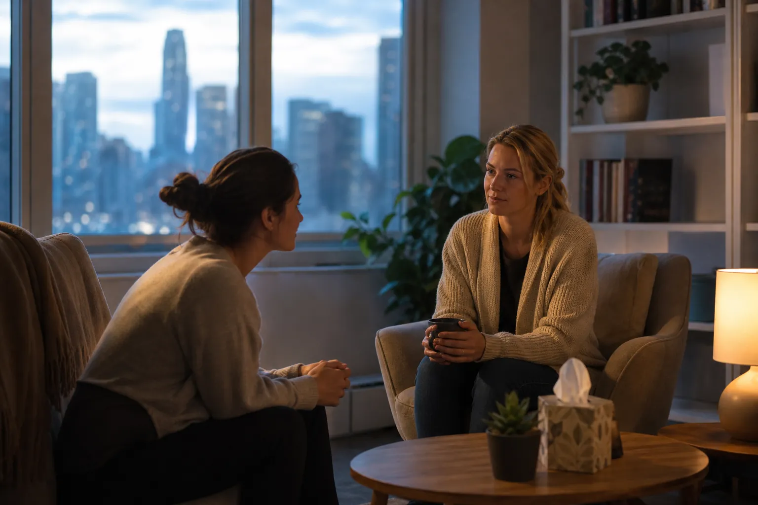 Two Women Talking in a Softly Lit Counseling Setting Two women sit facing each other in a softly lit room, one holding a mug, with tissues on a table and a city skyline outside.