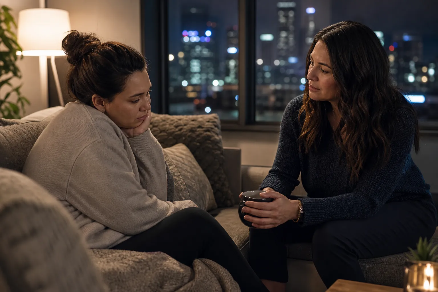 Two Women Sharing a Quiet Conversation at Night Two women sit facing each other in a softly lit room at night, one resting her chin on her hand and the other holding a mug.
