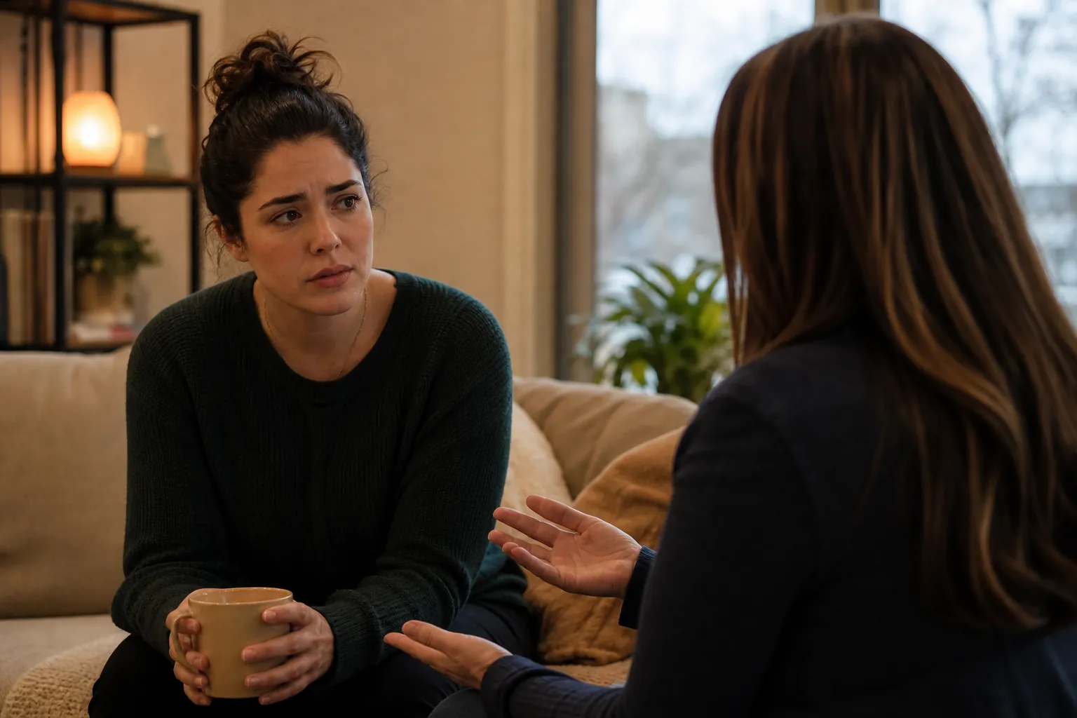 Concerned Woman Talking With Another Woman on a Sofa A concerned woman holds a mug on a beige sofa while another woman faces her and gestures with open hands.