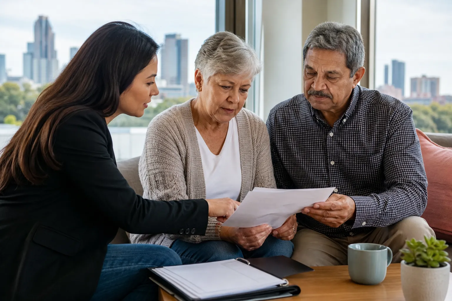 Older Couple Reviewing Paperwork With an Adviser A younger woman helps an older couple review paperwork on a sofa, with a binder, mug and plant on the table.