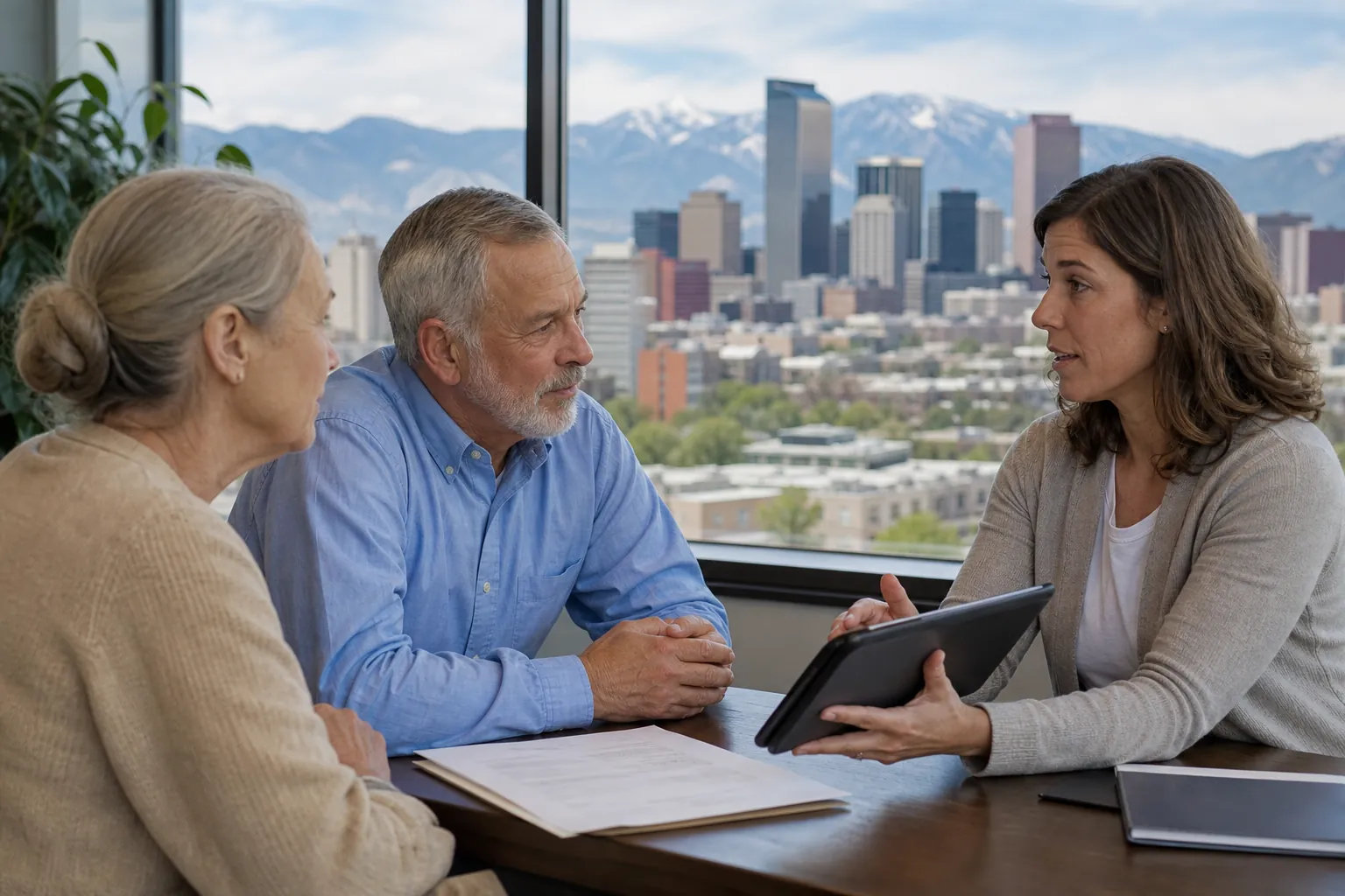 Care Planning Meeting With an Older Couple A woman holding a tablet meets with an older couple at a table, with paperwork and a city skyline backed by mountains.