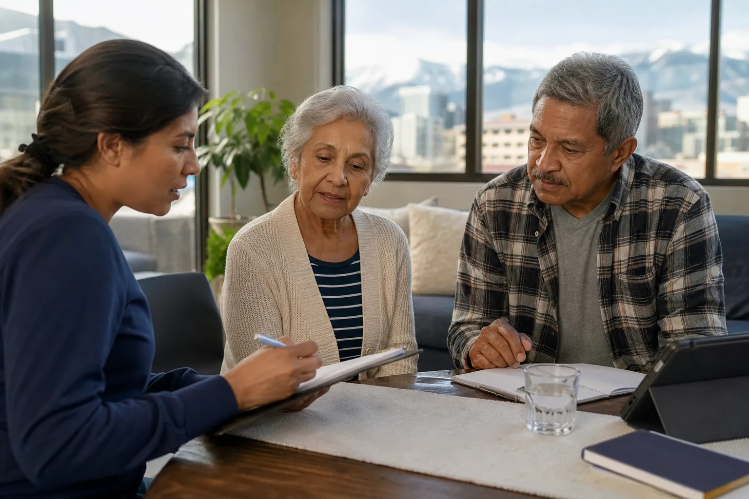 Healthcare Worker Meeting With an Older Couple A healthcare worker holds a pen and clipboard while meeting with an older couple at a table with paperwork and a tablet.