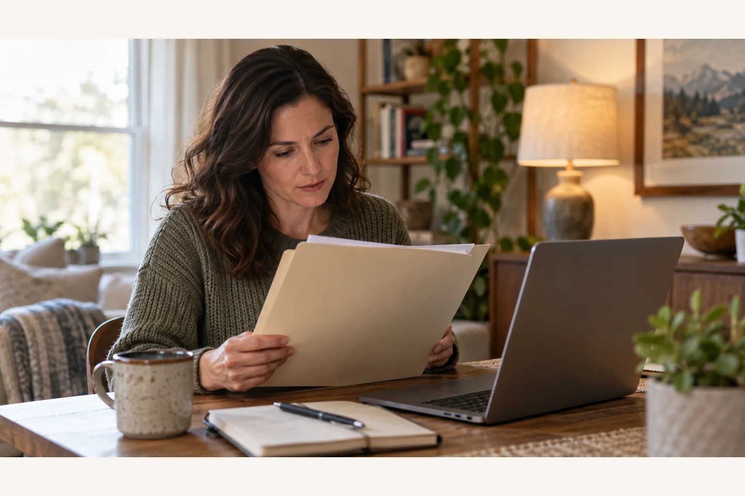 Illustrative scene: Woman Reviewing Paperwork Beside a Laptop Illustrative scene: A woman reviews papers in a folder at a wooden table beside an open laptop, a mug, and a notebook in a home setting.