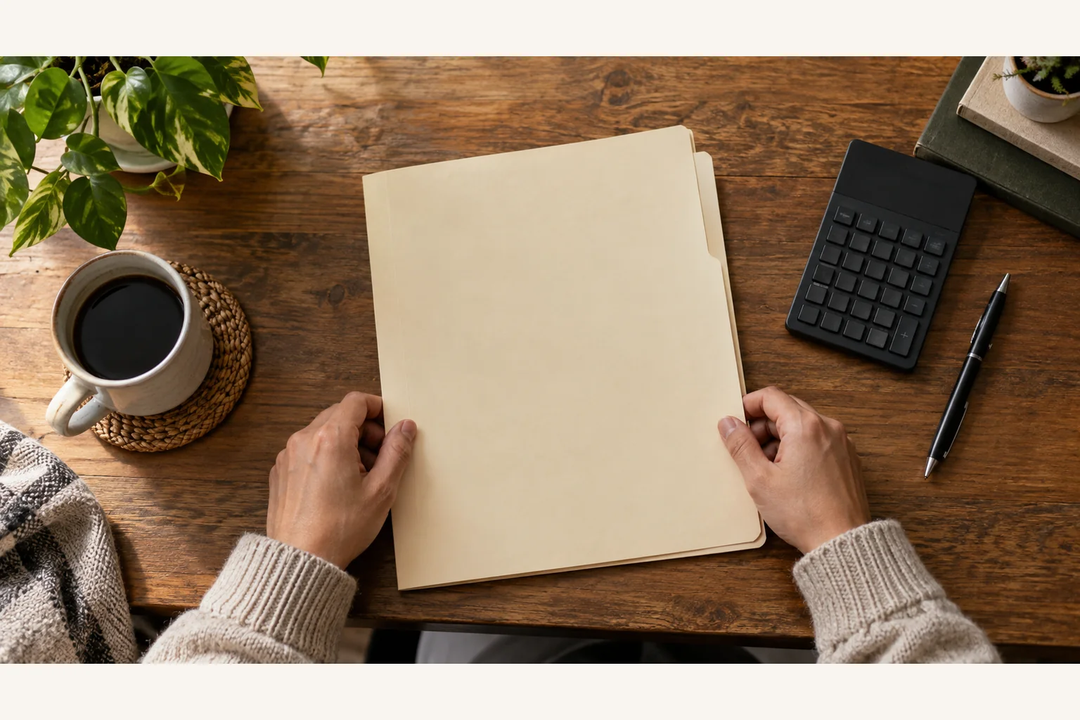 Illustrative scene: Hands Holding a Folder Beside a Calculator Illustrative scene: Hands hold a blank beige folder on a wooden desk beside a calculator, black pen, coffee mug, and potted plants.
