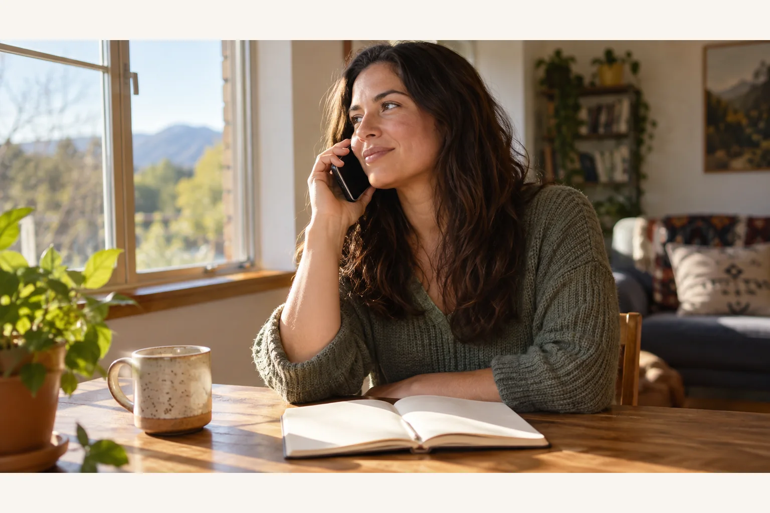 Illustrative scene: Woman on a Phone Call Beside a Sunny Window Illustrative scene: A woman holds a phone to her ear at a wooden table with an open notebook, a mug, and plants beside a sunny window.