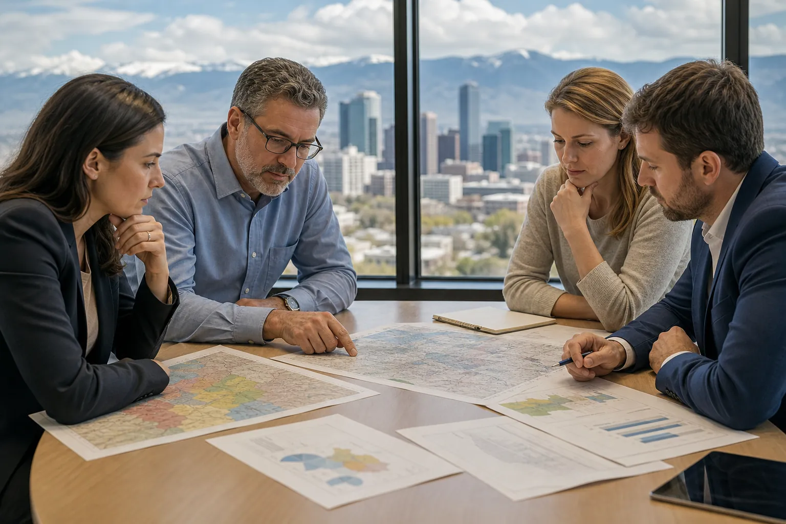 Team Reviewing Maps and Charts in a Conference Room Four adults review maps and charts around a conference table, with a city skyline and mountains visible through large windows.