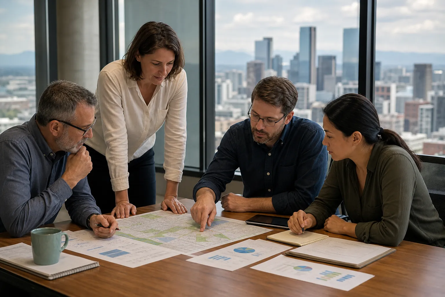Colleagues Reviewing Maps and Assessment Charts Four colleagues review a map and printed charts around an office table, with notebooks and a city skyline behind them.