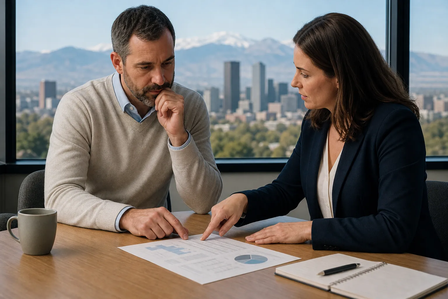 Two People Reviewing Charts at an Office Desk A man and woman review printed charts at a wooden desk, with a city skyline and mountains visible through the window.