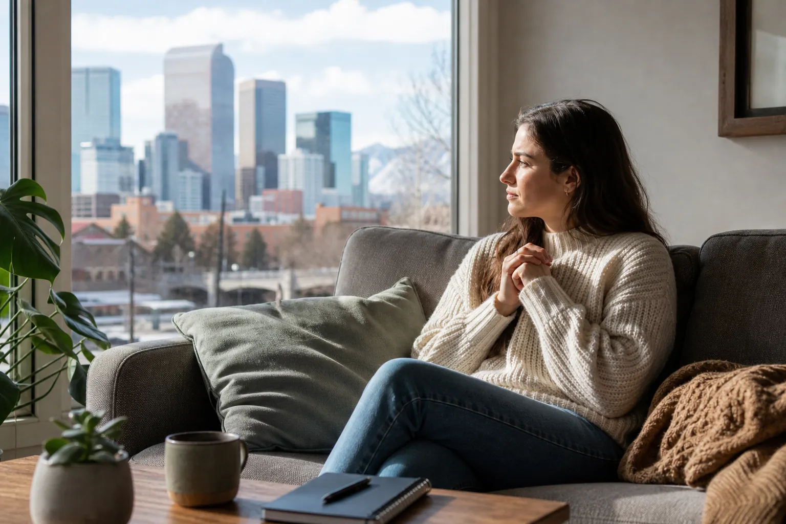 Contemplative Woman on a Sofa Overlooking the City A woman in a cream sweater sits with clasped hands on a gray sofa, gazing toward a city skyline through a large window.