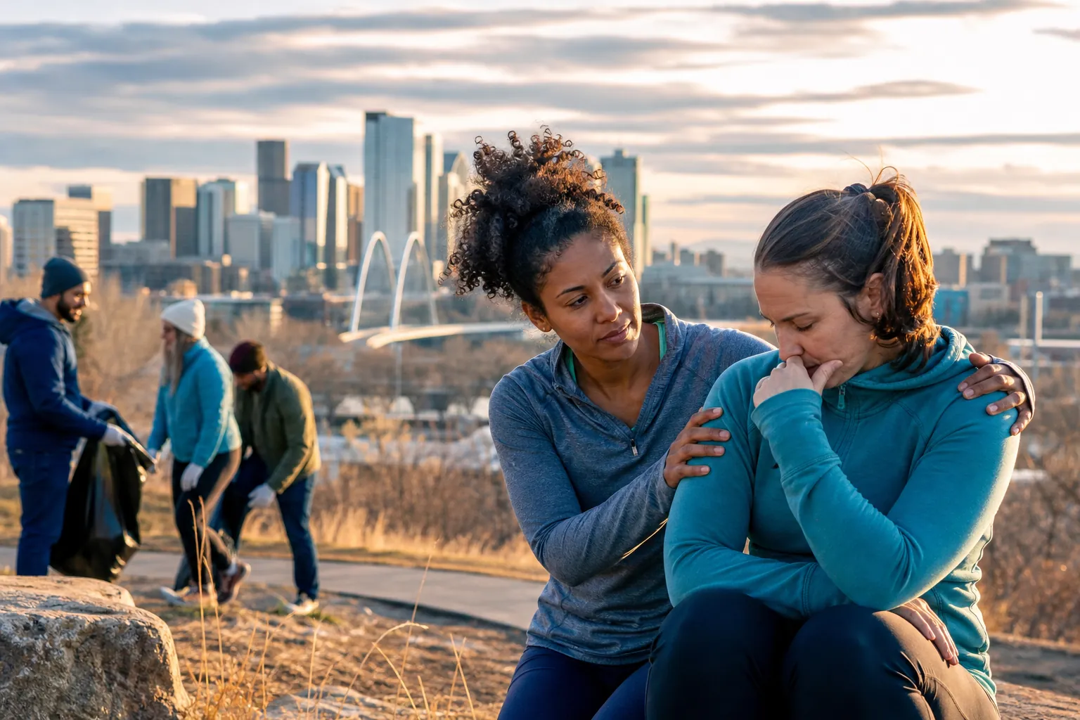 A Supportive Moment Overlooking a City Skyline A woman comforts a distressed woman with a hand on her shoulder, with three people and a city skyline behind them.