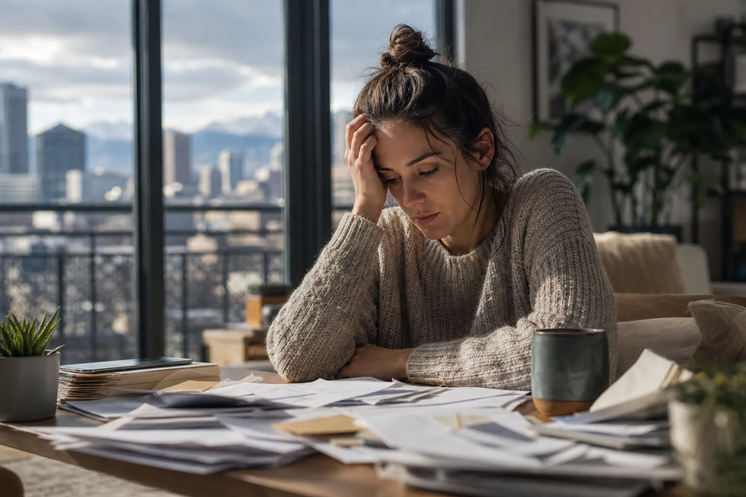 Overwhelmed Woman Sitting at a Paper-Covered Table A tired-looking woman rests her forehead in one hand at a table covered with papers, with a mug and city views nearby.