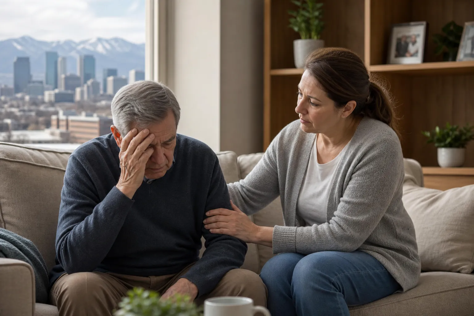Woman Comforting an Older Man on a Sofa A woman rests her hand on an older man's arm as he holds his forehead on a sofa, with a city and mountains outside.