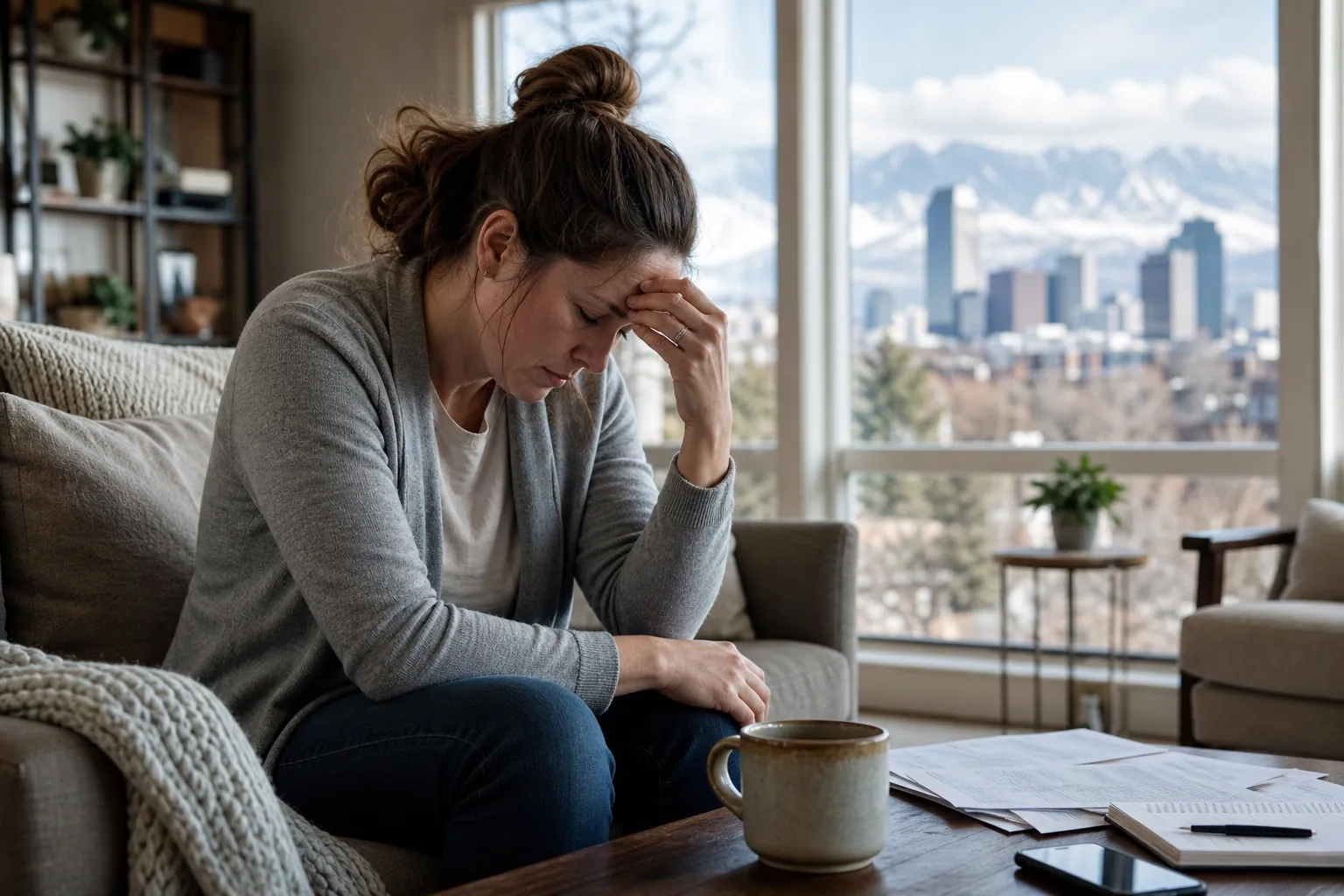 Weary Woman Resting on a Sofa Near a City View A weary woman sits hunched on a sofa with a hand on her forehead, overlooking a city skyline and snow-covered mountains.