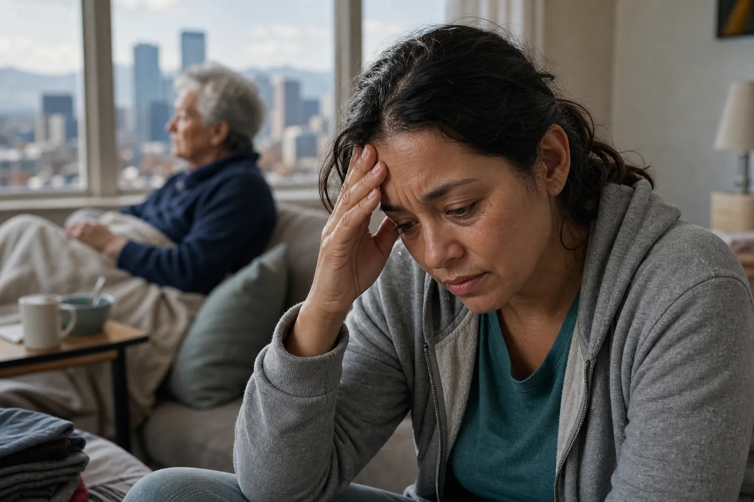 Weary Woman With an Older Adult in the Background A tired-looking woman rests her hand against her forehead while an older adult sits on a sofa behind her.