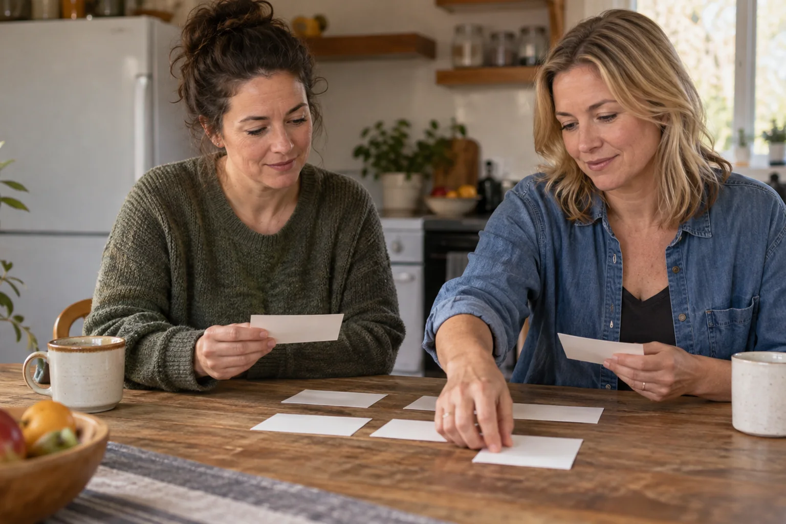 How Caregivers Protect Their Own Mental Health In CO - inline-1 Illustrative scene: two adult women dividing ordinary household tasks at a kitchen table with blank paper cards.