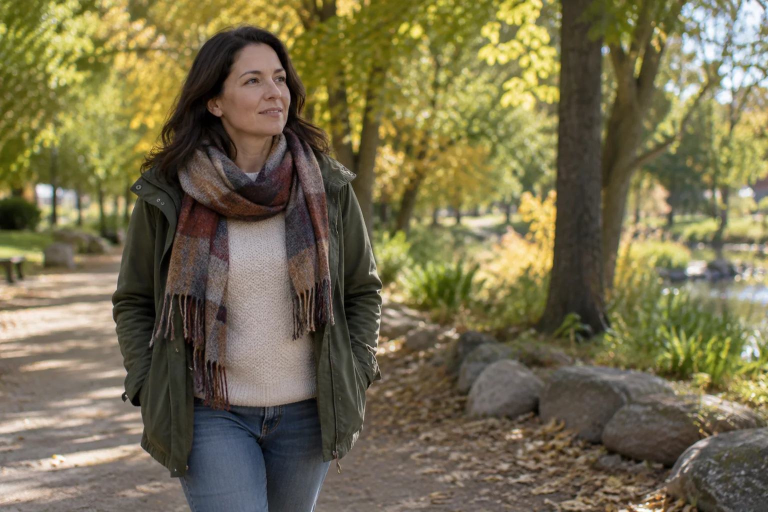How Caregivers Protect Their Own Mental Health In CO - inline-2 Illustrative scene: adult woman walking alone through a tree-lined park with a calm deliberate pace, no distressed pose.
