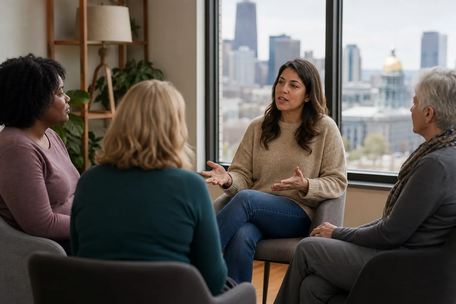 Women Sharing Support in a Group Discussion Four women sit in a discussion circle as one gestures while speaking, with a city skyline visible through large windows.