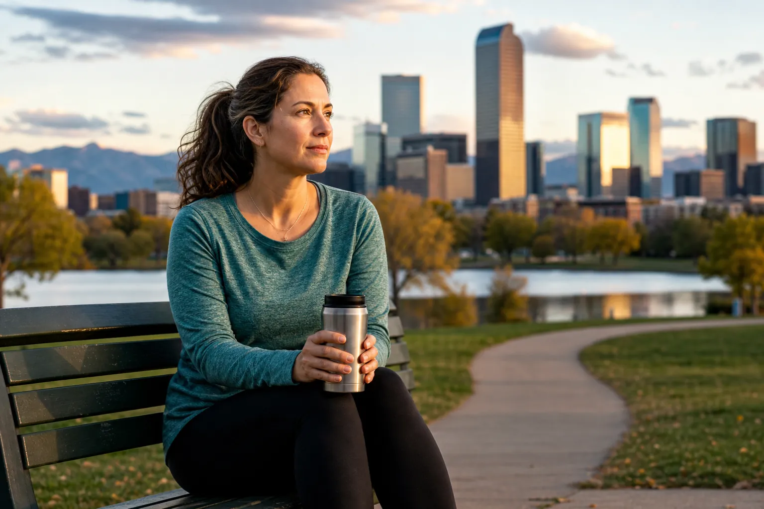 Woman Relaxing on a Park Bench Near a City Skyline A woman holding a travel mug sits on a park bench beside a lake, with a city skyline and mountains behind her.