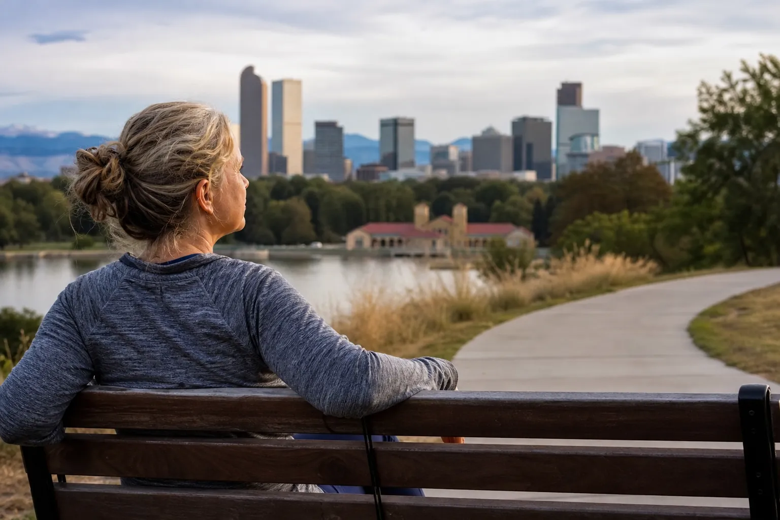 A woman with her hair in a bun rests on a wooden park bench overlooking a lake, a curving path, and Denver's skyline.