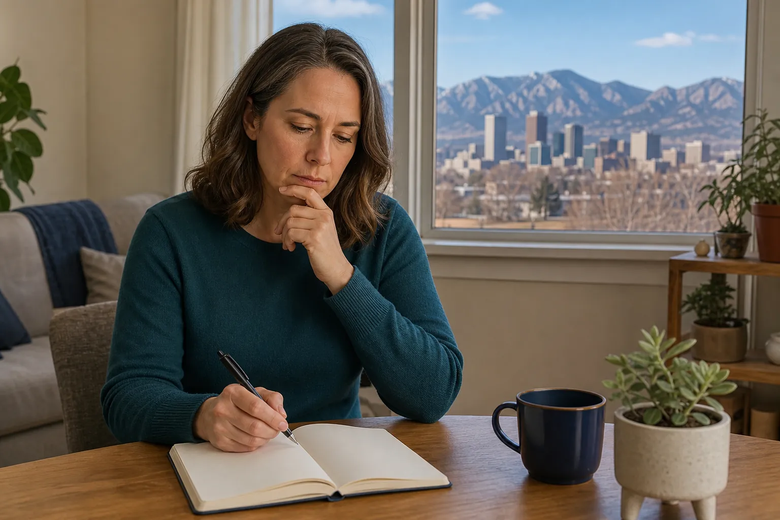 A thoughtful woman holds a pen over an open notebook, with a mug and plants nearby and mountains beyond the window.