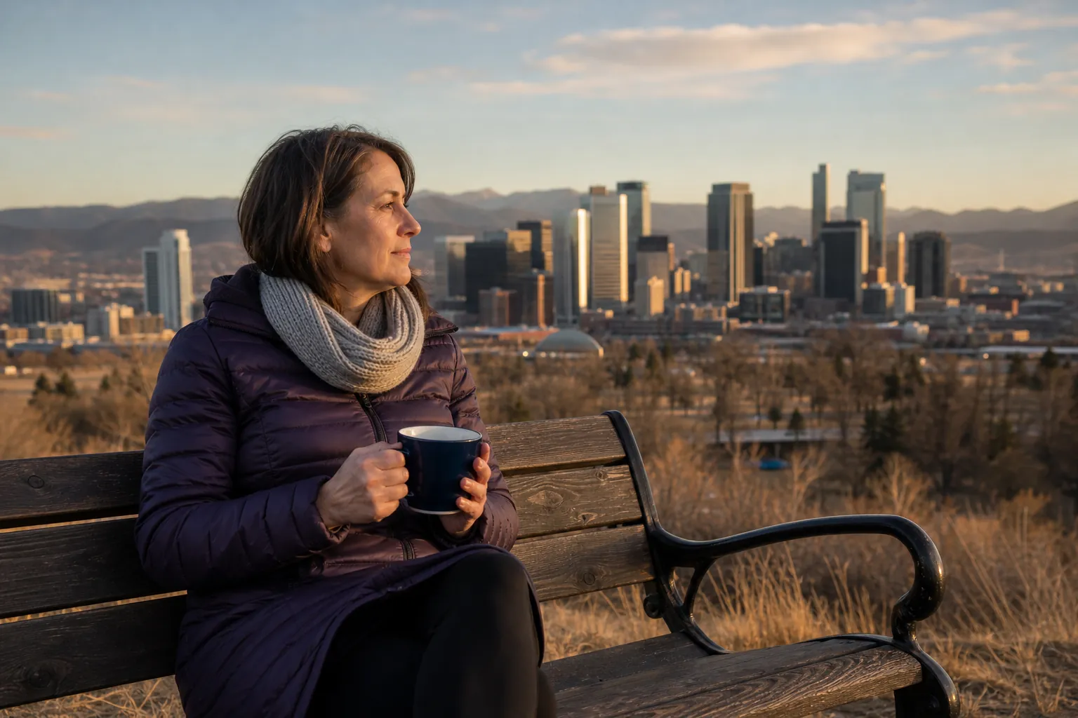 A woman in a purple coat and gray scarf holds a mug on a wooden bench overlooking a city skyline and distant mountains.