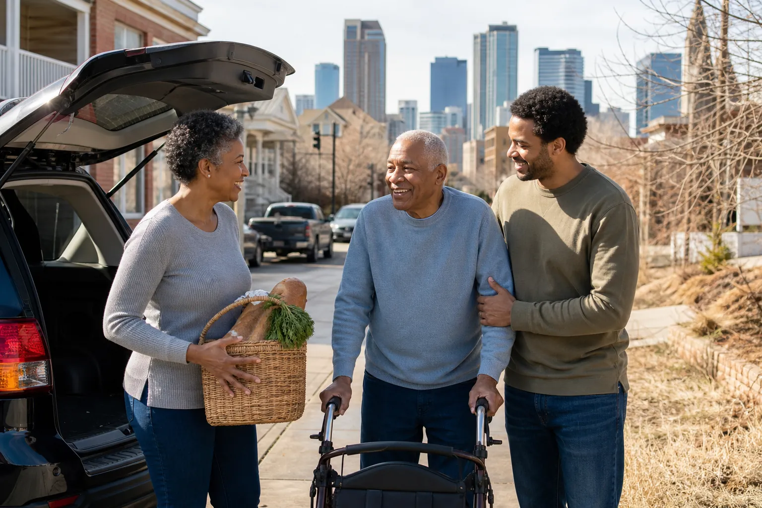 Family Helping an Older Man With a Walker and Groceries A younger man supports an older man using a walker while a woman holds a grocery basket beside an open SUV on a city street.