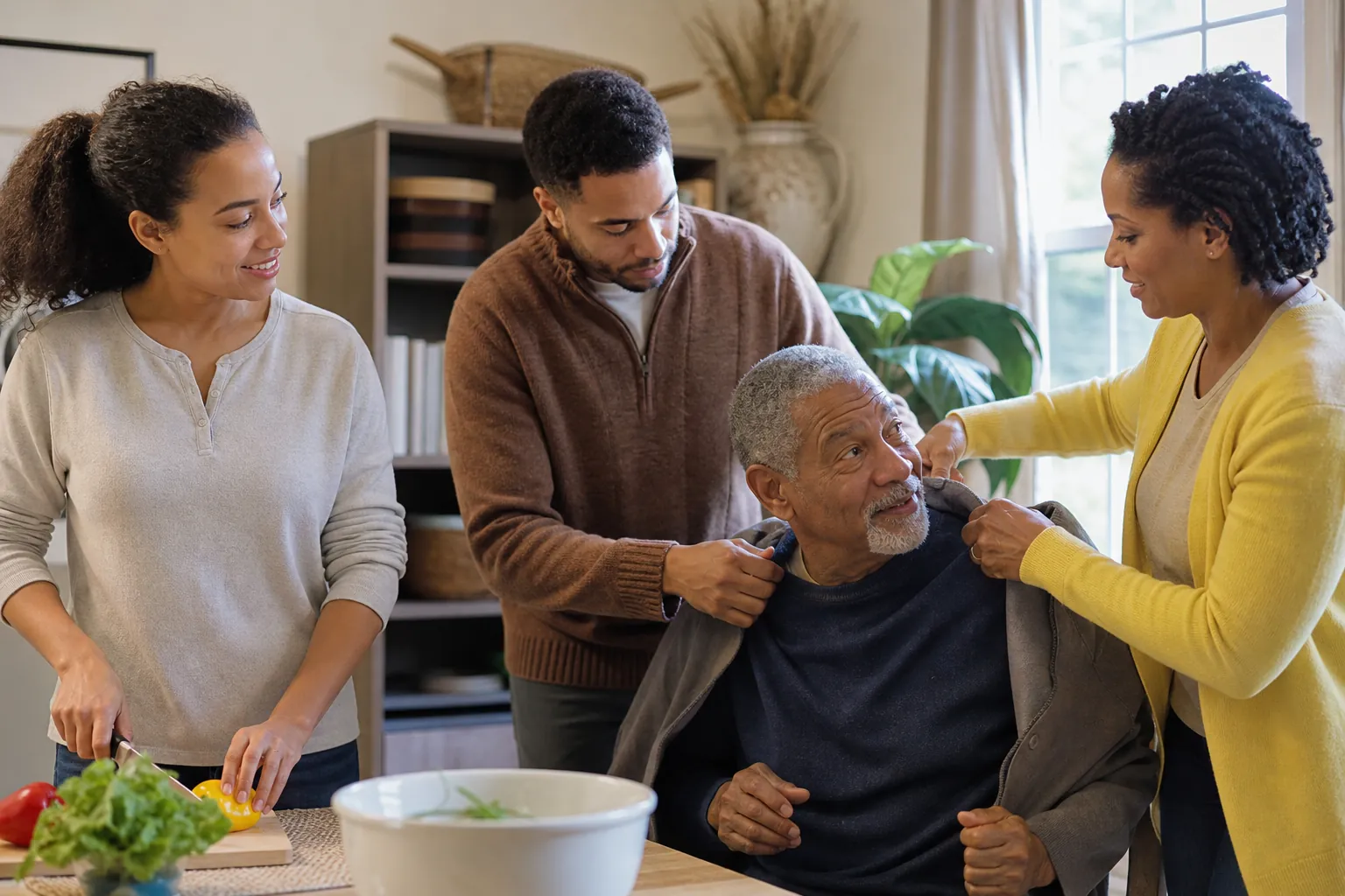 Helping an Older Man Dress While Preparing Food Two adults help a seated older man put on a jacket while a woman prepares vegetables at a nearby kitchen counter.