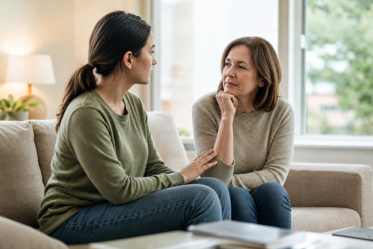 Supportive Conversation Between Two Women at Home Two women sit facing each other on a sofa, one resting her hand gently on the other's forearm as they talk.