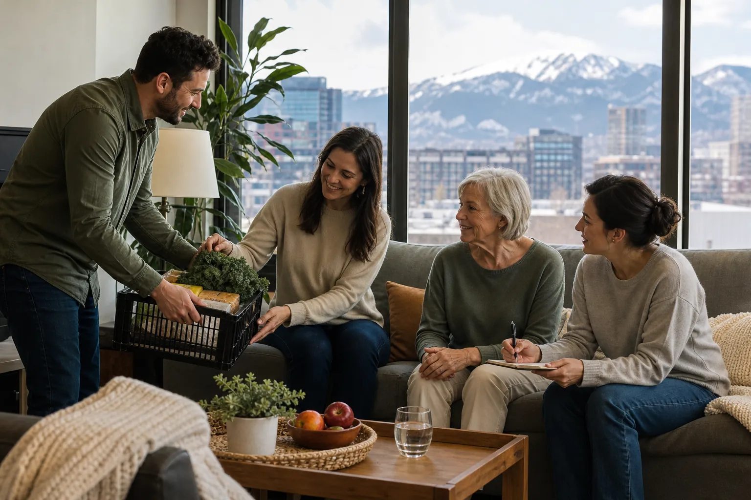 Family Sharing Groceries and Planning Support Tasks Four adults gather in a living room, sharing a crate of groceries and taking notes, with snowy mountains visible outside.