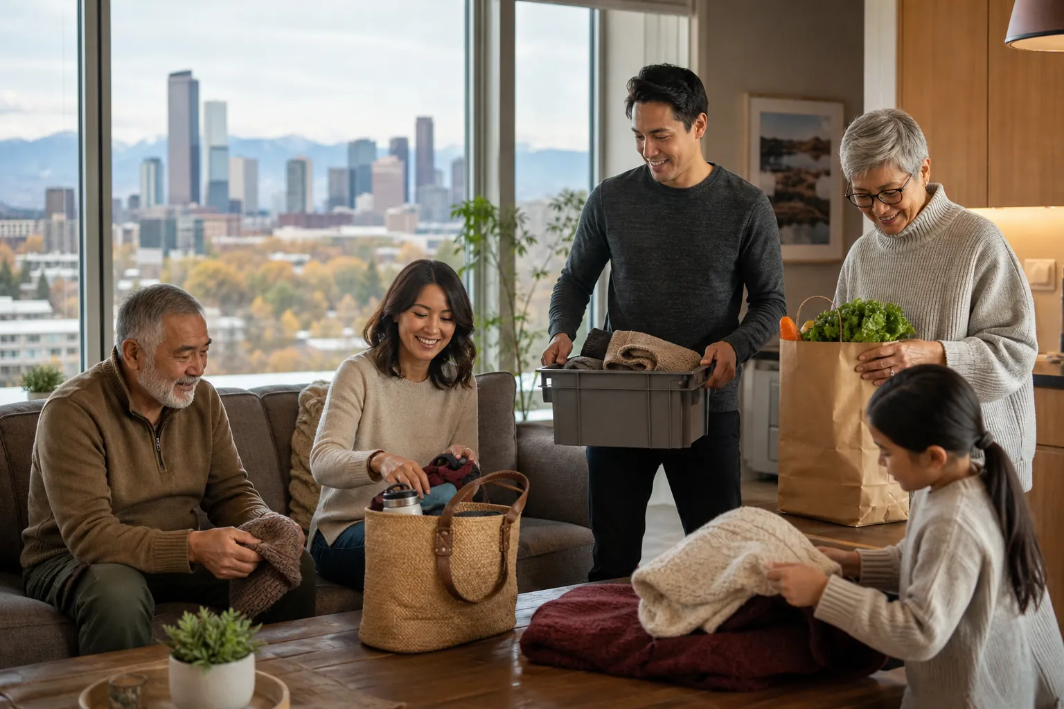 Family Sharing Household Organizing Tasks Five family members organize blankets, groceries, and household supplies in a living room overlooking a city and mountains.
