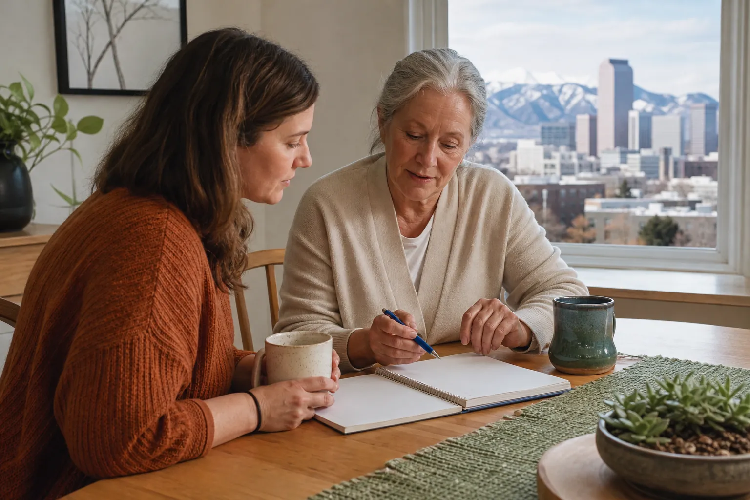 Two Women Reviewing a Notebook Together at Home Two women sit at a wooden table with mugs and an open notebook, with a city skyline and snowy mountains visible through the window.