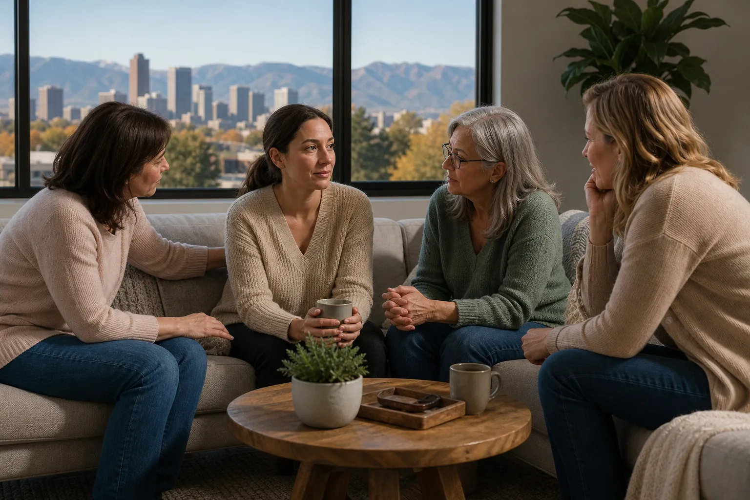 Four women sit together in conversation around a wooden coffee table, with a city skyline and mountains visible through large windows.