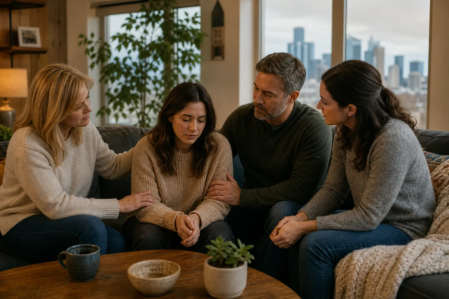 Three adults sit closely around a downcast young woman on a couch, with two resting reassuring hands on her arms.
