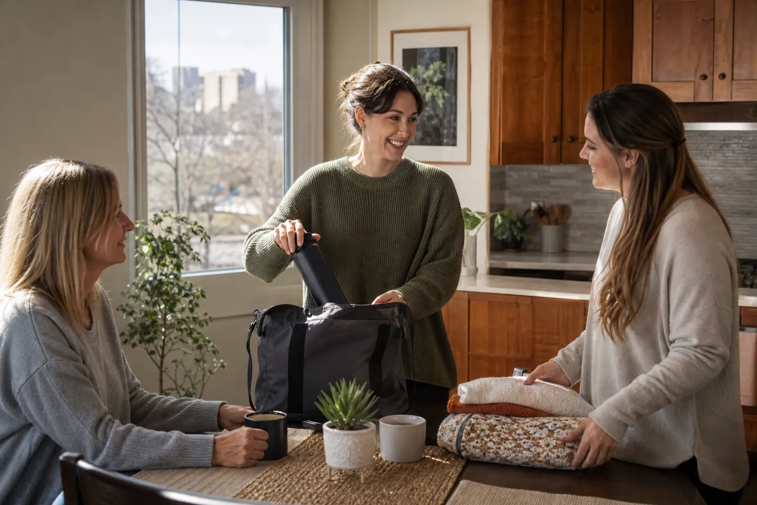 Three women gather around a kitchen table with mugs as one packs a black bag and another holds folded towels.