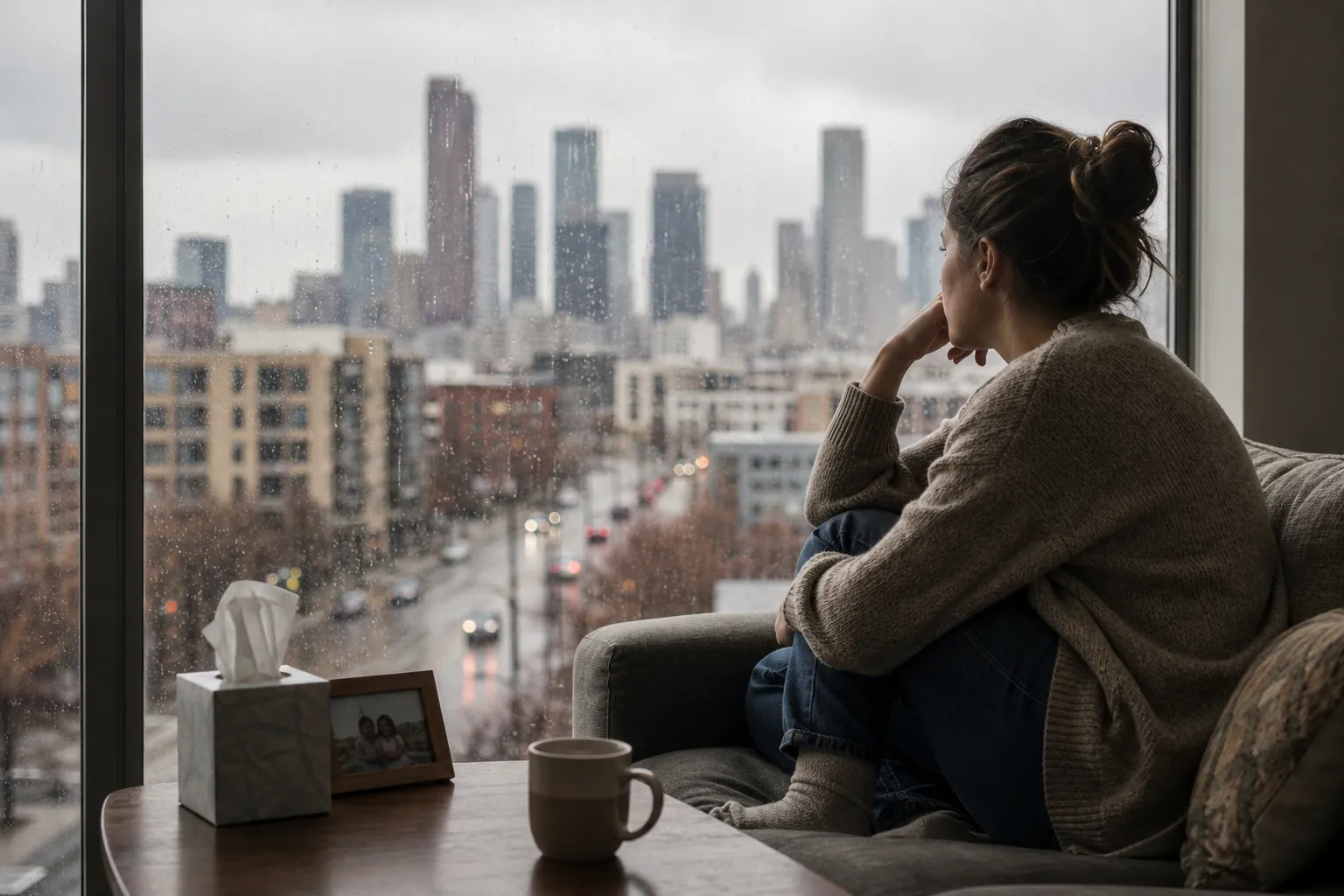 Woman Sitting Quietly Beside a Rainy City Window A woman sits curled on a sofa beside a rain-streaked city window, with tissues, a framed photograph and a mug on the table.