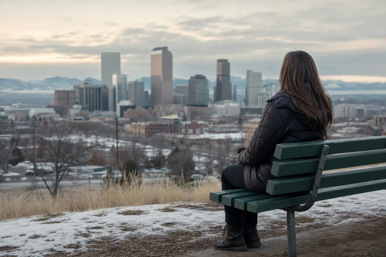 Solitary Winter Reflection Overlooking Denver A person in a black winter coat sits alone on a green bench overlooking Denver's skyline and distant snowy mountains.