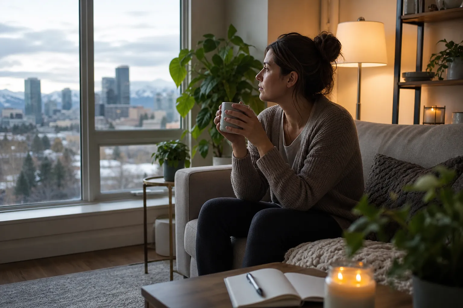 Quiet Moment With a Mug Beside a Living Room Window A woman holds a mug on a sofa beside a large window, with plants, candles, and an open notebook in the cozy living room.