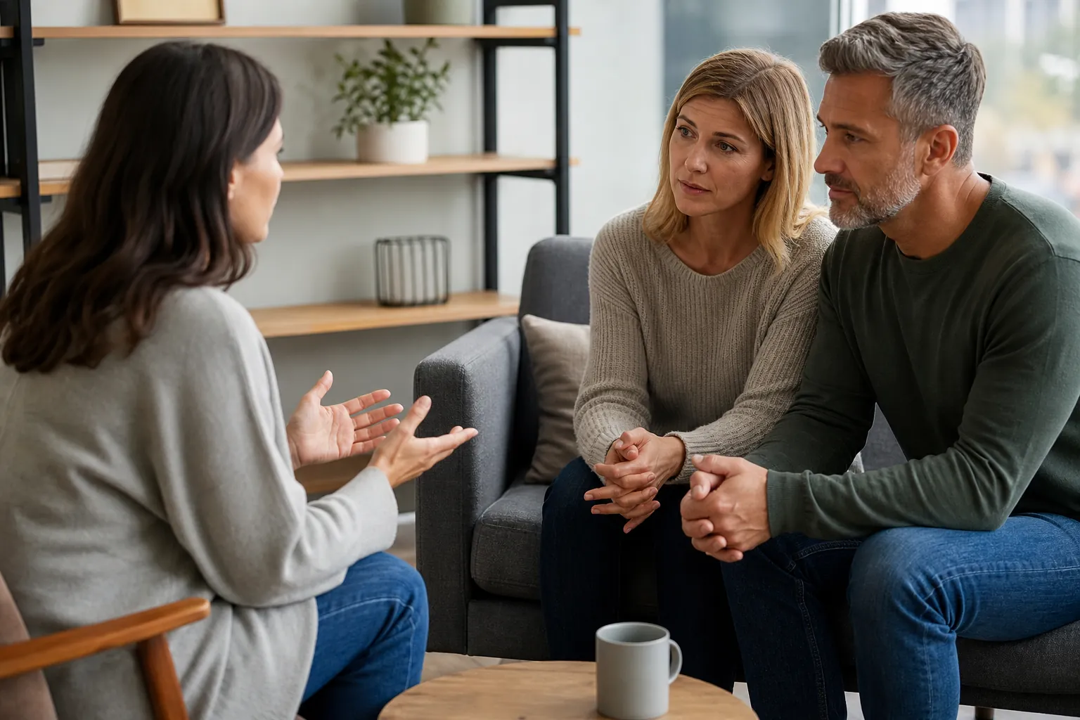 Couple Listening During a Counseling Conversation A couple sits together on a gray sofa, listening attentively to a woman gesturing during a calm counseling conversation.