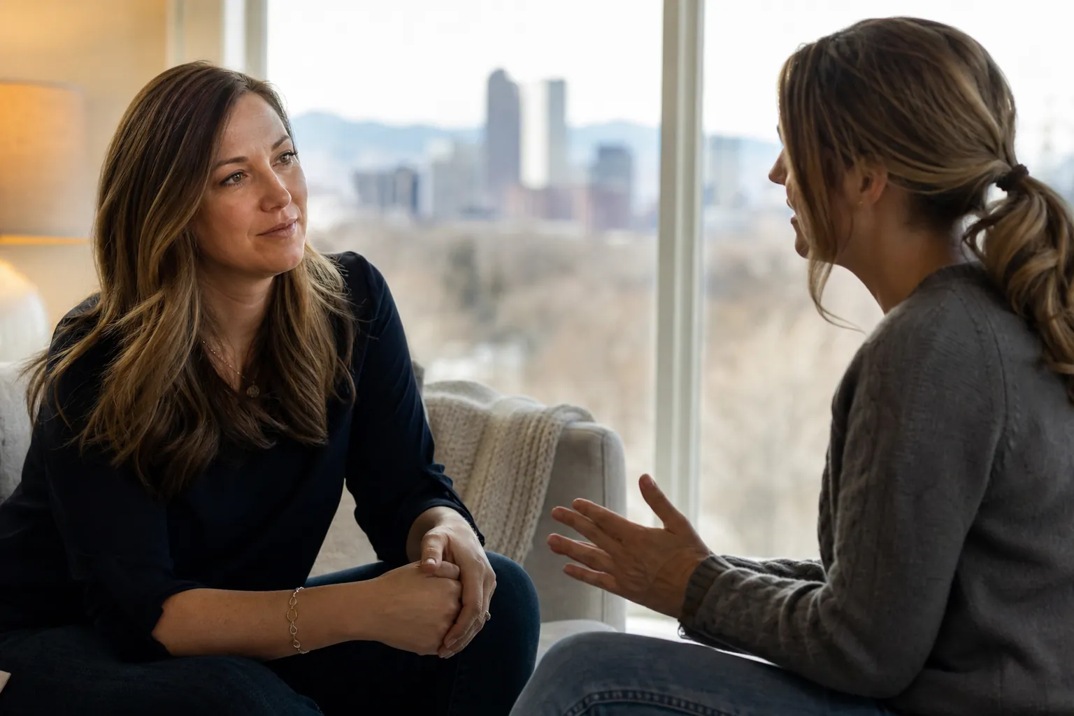 Two Women Talking Beside A Large Window Two women sit facing each other by a large window, one listening attentively while the other gestures as she speaks.