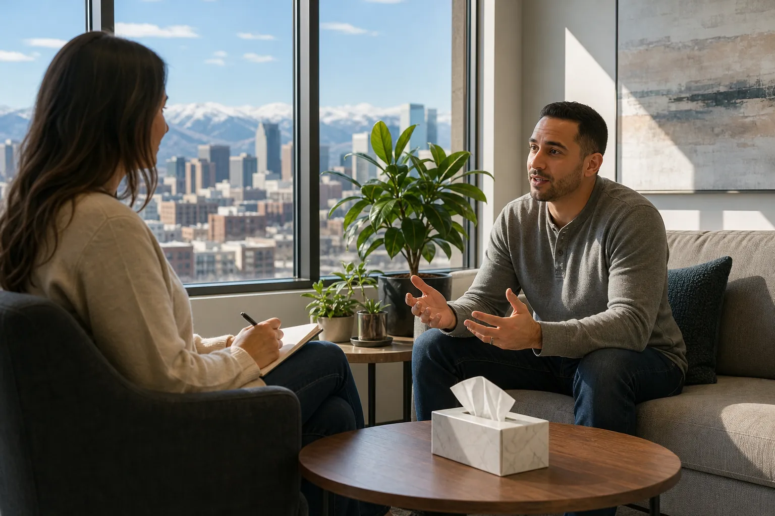 A man gestures while speaking with a woman holding a notebook in an office overlooking a city and snowcapped mountains.