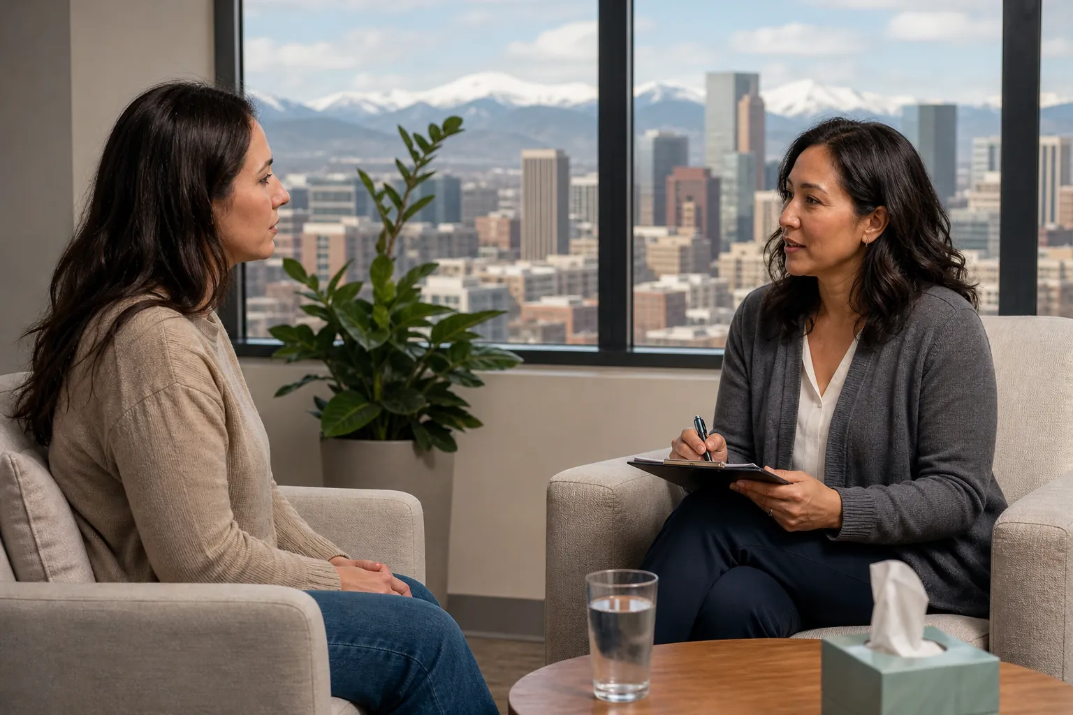 Two women sit facing each other in an office, one holding a pen and clipboard, with a city skyline and snowy mountains outside.