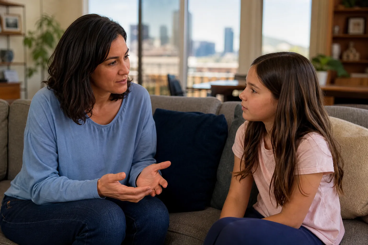 Woman and Girl Talking Together on a Couch A woman in a blue shirt gestures while talking with a girl in a pink shirt on a couch beside large windows.
