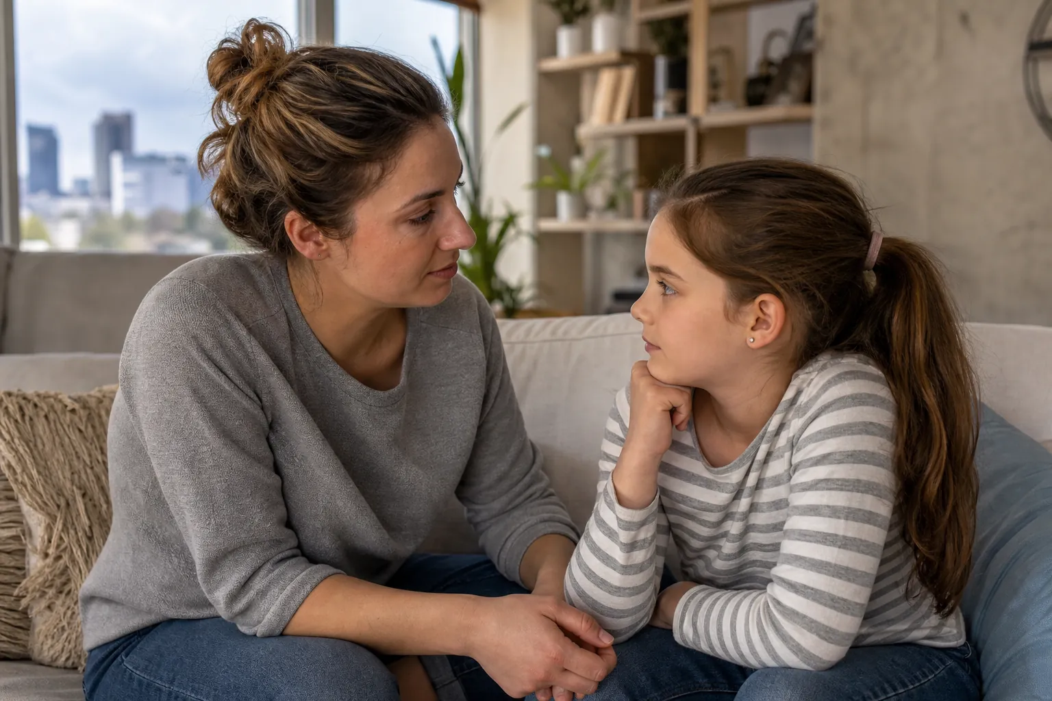 Mother and Daughter Sharing a Quiet Conversation A woman and a young girl sit close together on a sofa, making eye contact as the girl rests her chin on her hand.