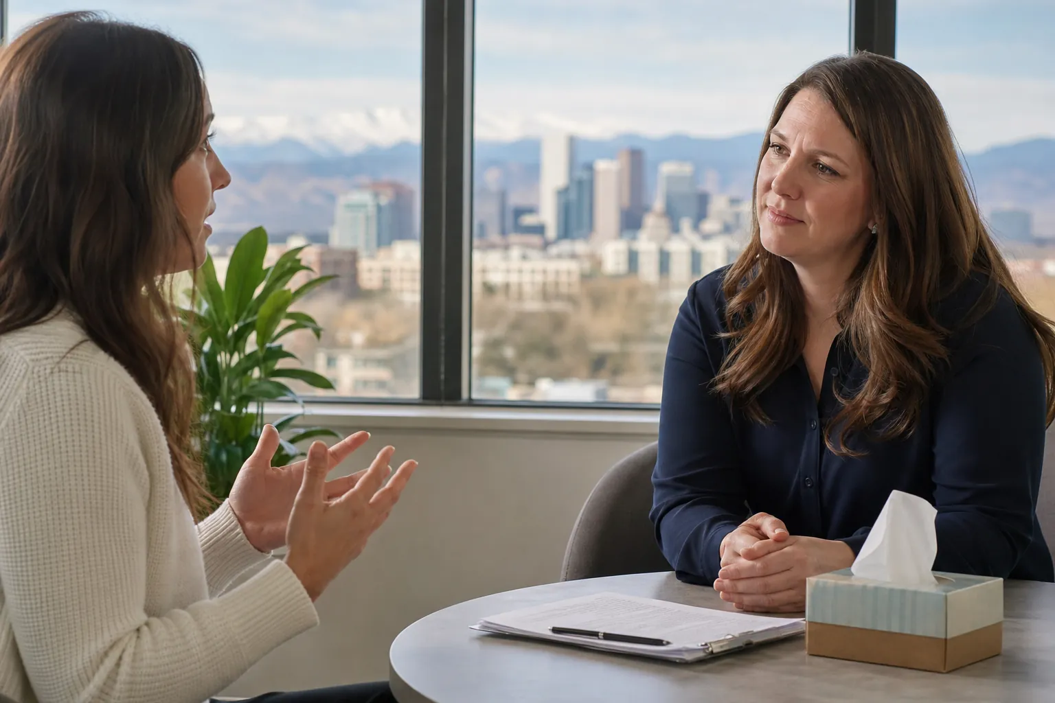Two Women Talking in a Windowed Office Two women talk across a round table with a clipboard, pen and tissue box, beside windows overlooking a city and mountains.