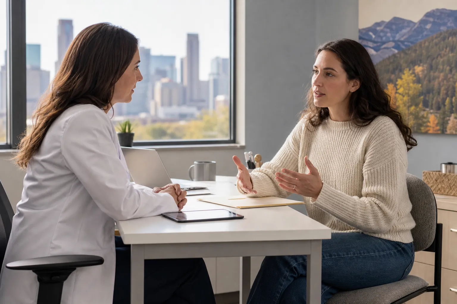 Woman Discussing Care With a Clinician A woman gestures while speaking with a female clinician across a desk with a tablet and folder in a bright office.