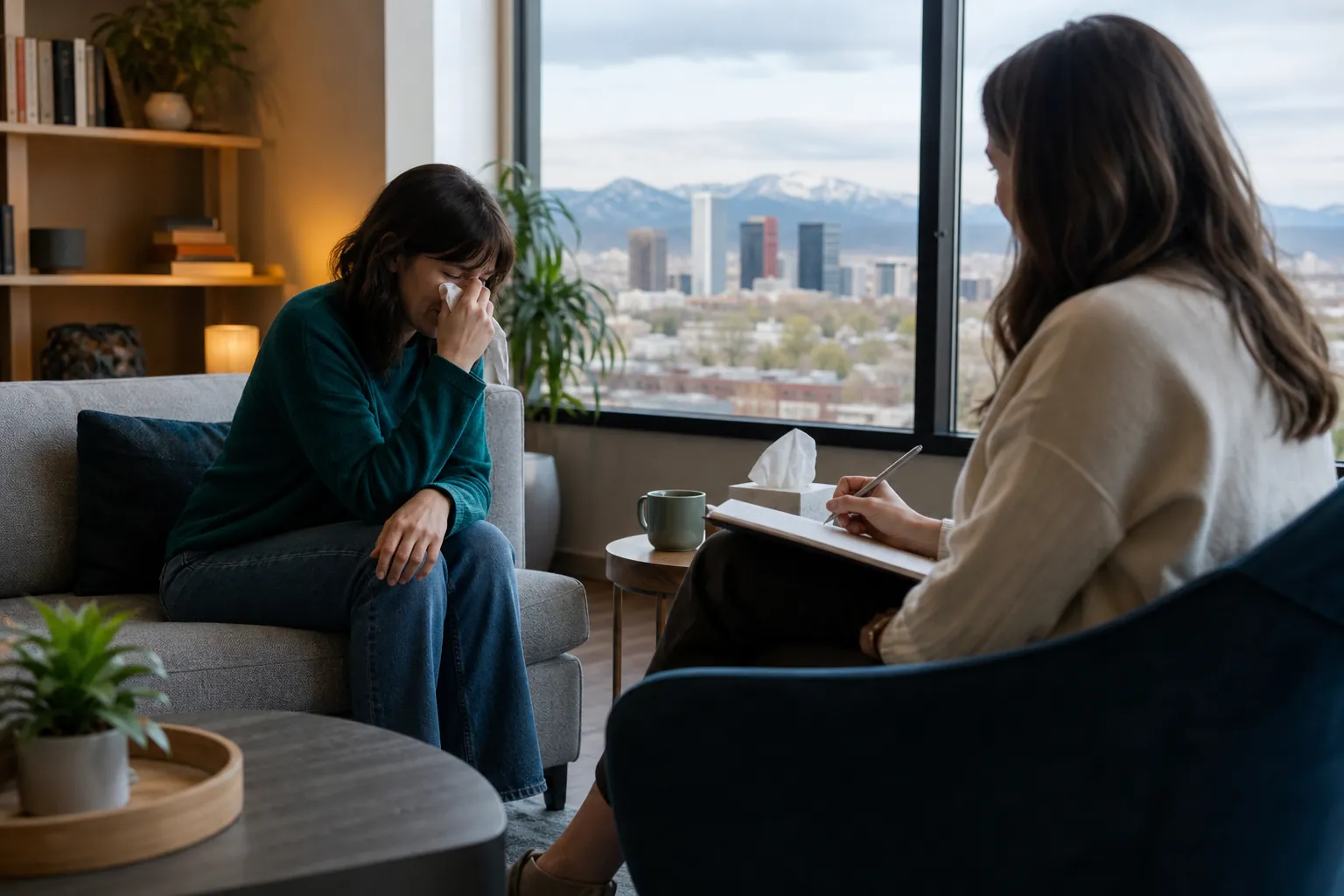 Woman With a Tissue During a Therapy Session A woman holds a tissue to her face while a therapist takes notes in an office overlooking a city and snowy mountains.