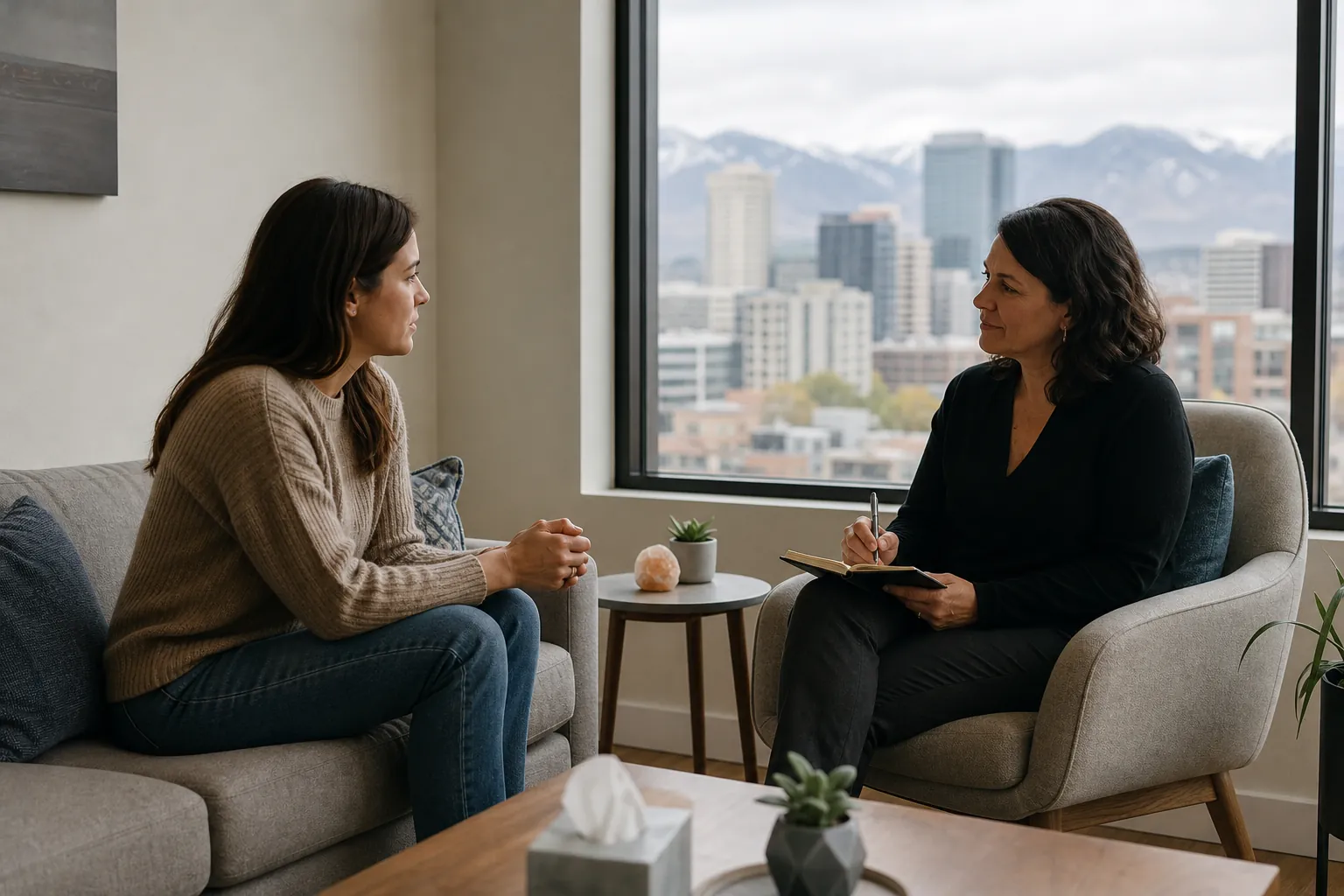 Therapy Conversation With City and Mountain Views Two women sit facing each other in a therapy office, one holding a notebook, with city buildings and mountains outside.