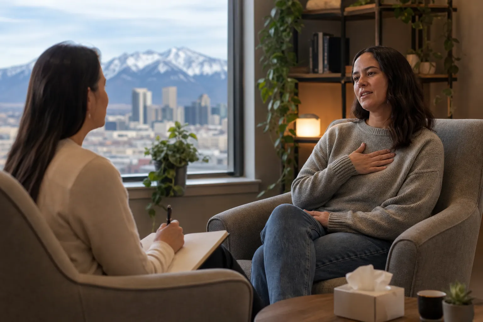 Therapy Conversation in an Office With Mountain Views A woman rests a hand on her chest while speaking with a therapist holding a notebook, with mountains visible through the window.