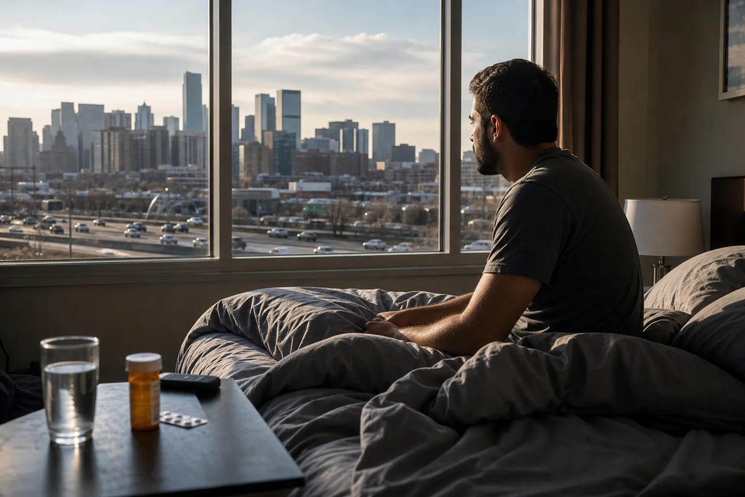 Man Beside Medication Overlooking City Traffic A man sits in bed overlooking highway traffic and a city skyline, with a pill bottle, blister pack and water on a bedside table.